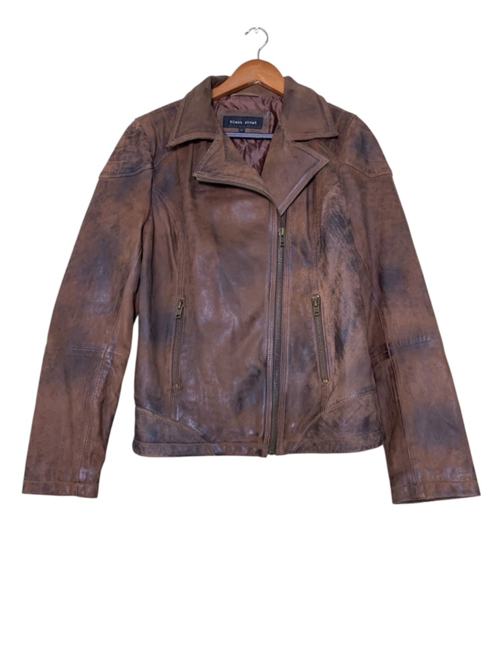 Black Rivet Women's Distressed Brown Leather‎ Moto Jacket Trendy Large